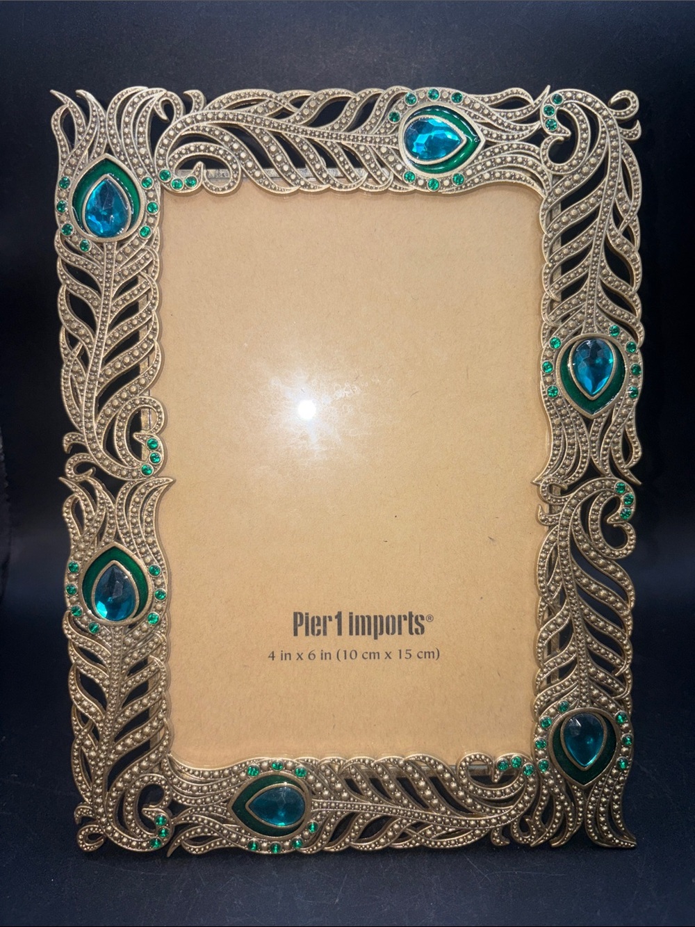Pier 1 Imports Peacock Feather Enamel Metal Crystal Rhinestone Picture Frame